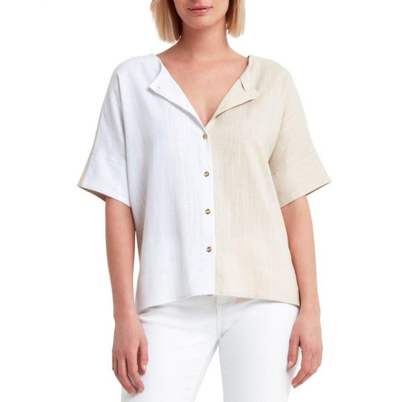 NWT H Halston Colorblocked Elbow-Sleeve Blouse HHWS2210045 L White Stone Combo - Picture 1 of 2